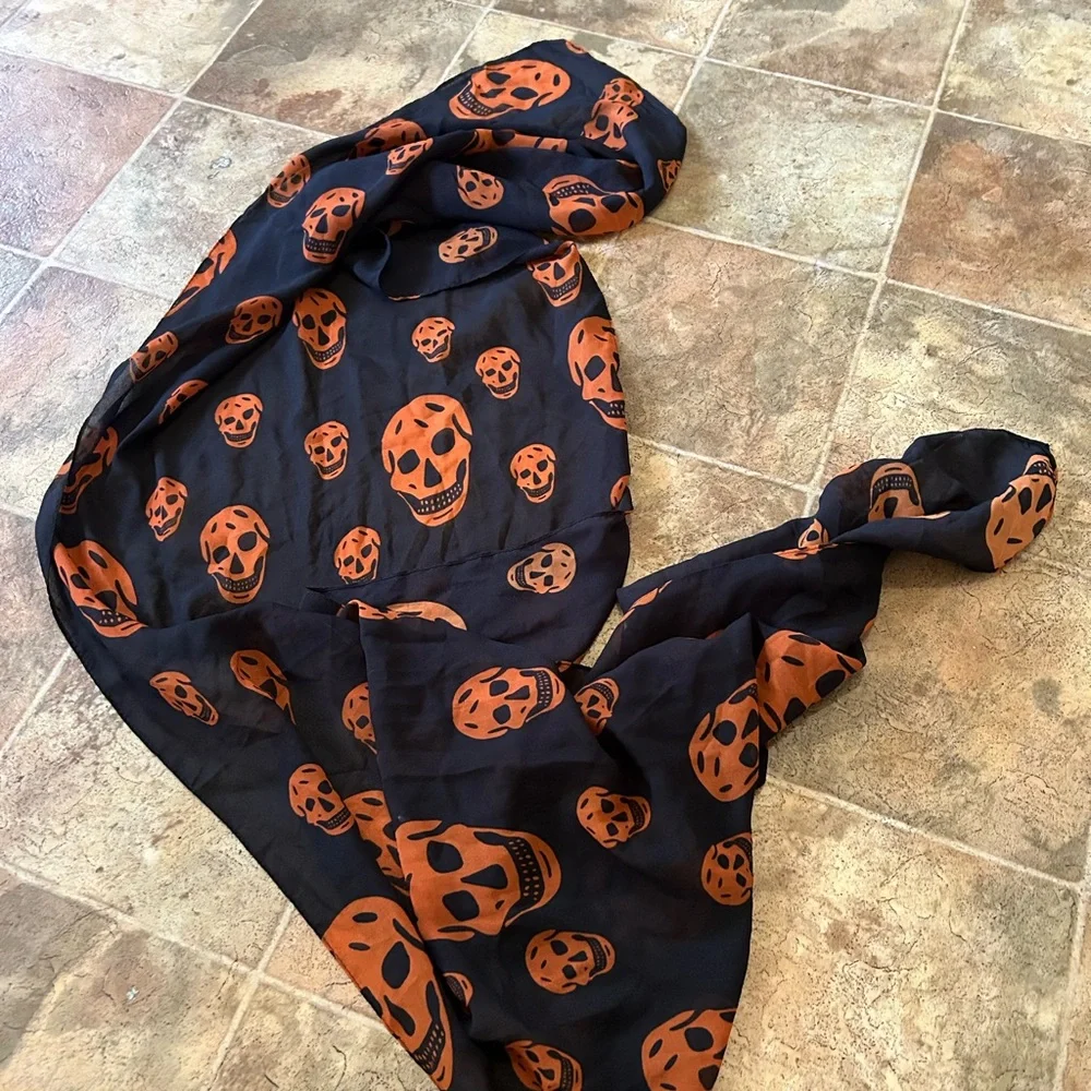 Black & Rust Orange Skull Print Sheer Scarf Goth Halloween 70”